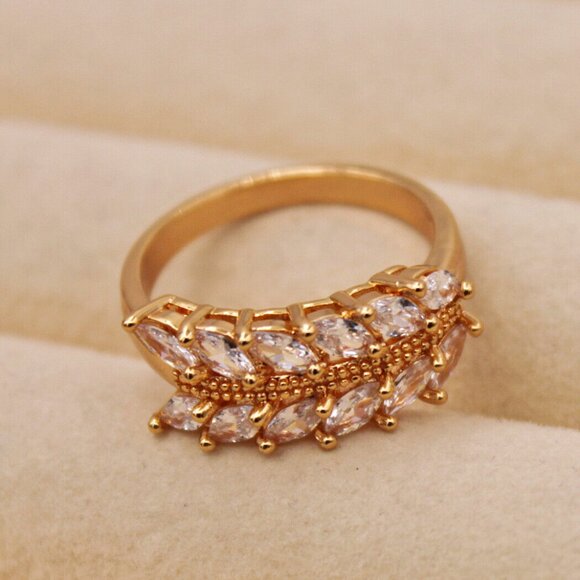 18K Yellow Gold Filled Long Leaf Diamond Zircon Ring Gorgeous Party Gift - Picture 5 of 6